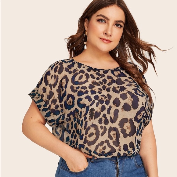 PLUS SIZE 🖤 leopard print rolled sleeve top sheer - Picture 2 of 4